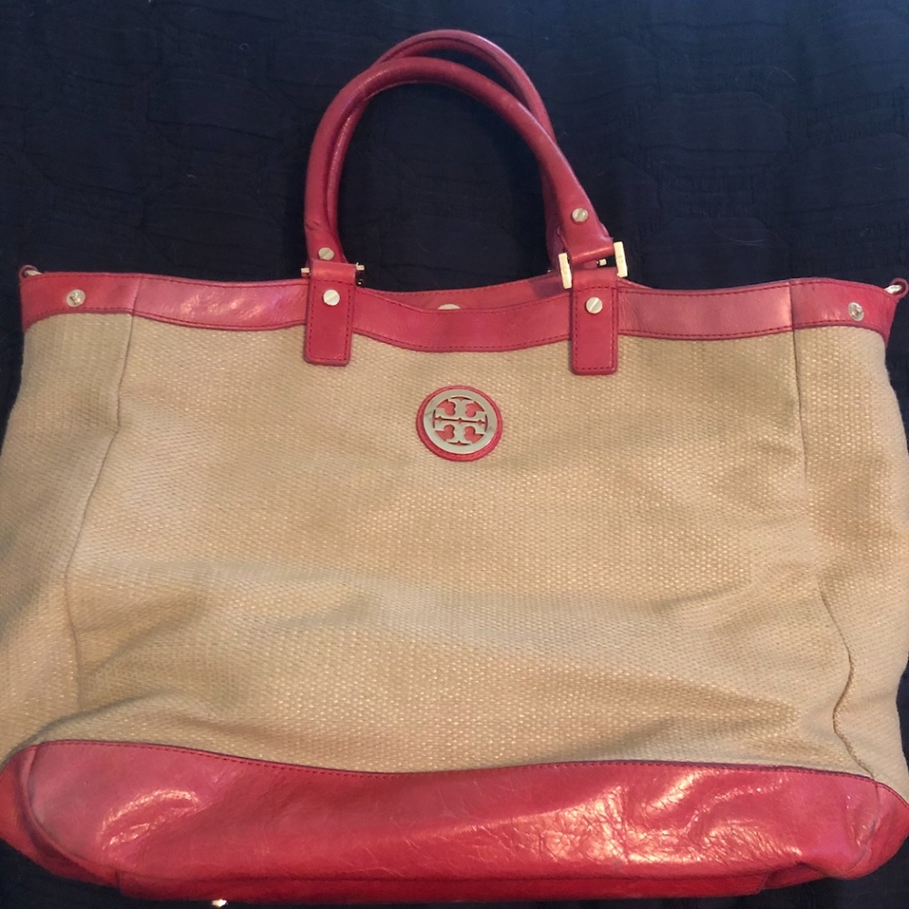 Tory Burch Orange and Canvas Tote Bag